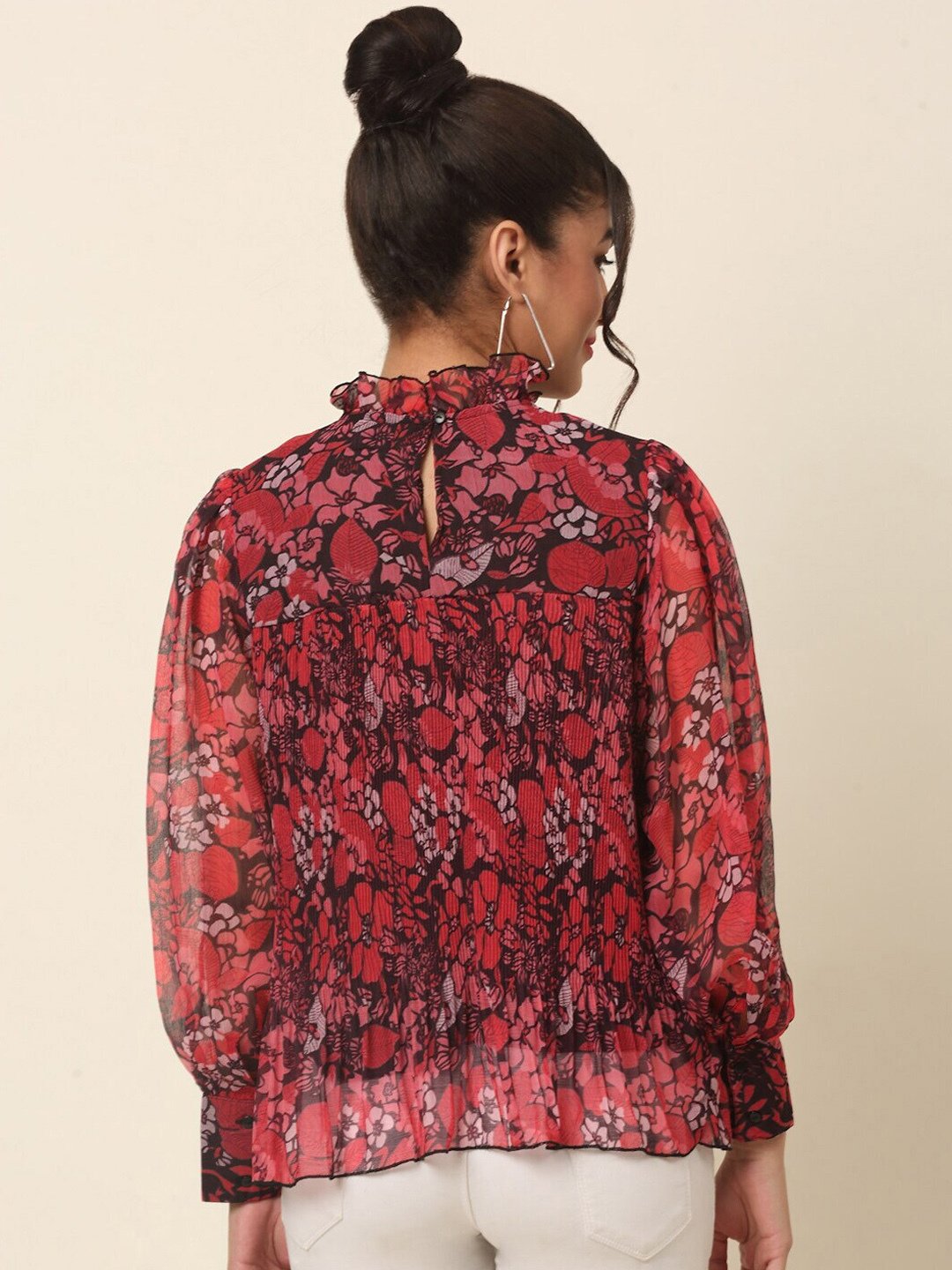 plusS Red Floral Printed High Neck Cuffed Sleeves A-Line Top