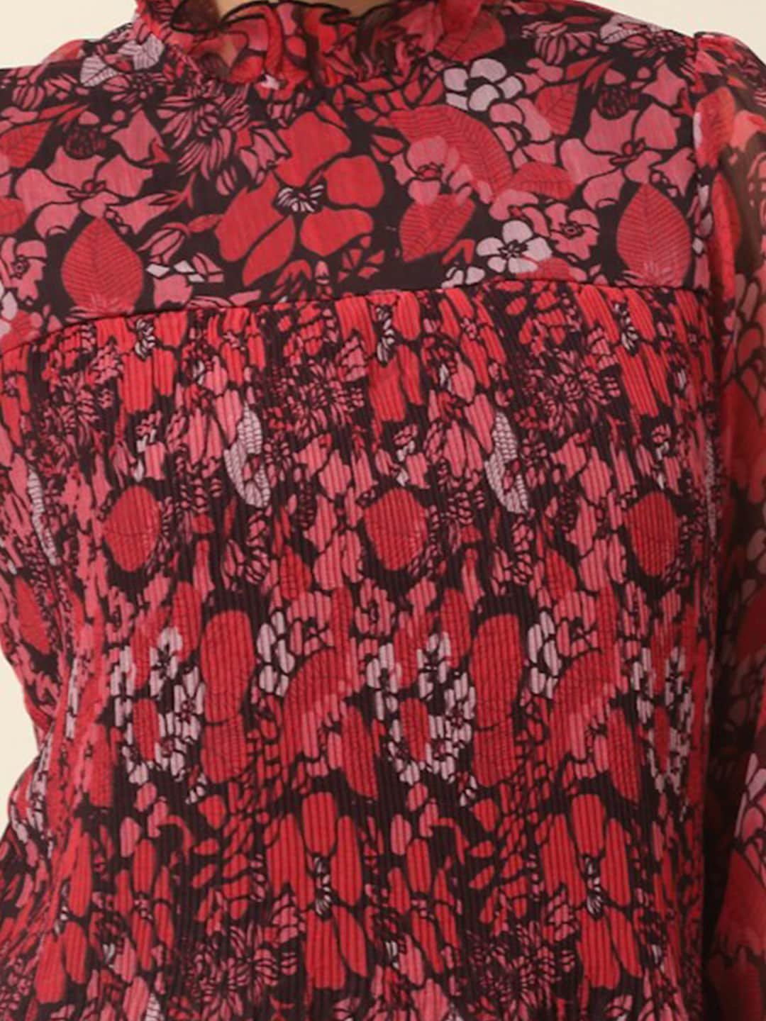 plusS Red Floral Printed High Neck Cuffed Sleeves A-Line Top