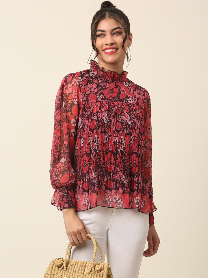 plusS Red Floral Printed High Neck Cuffed Sleeves A-Line Top