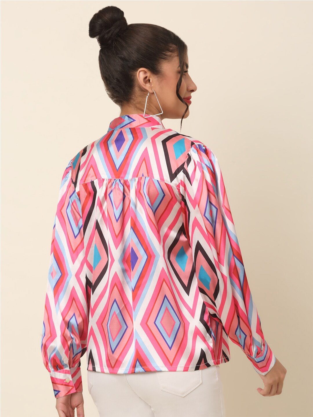 plusS Pink Geometric Printed Tie-Up Neck Cuffed Sleeves Top