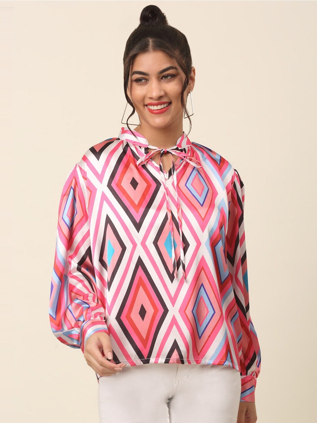 plusS Pink Geometric Printed Tie-Up Neck Cuffed Sleeves Top