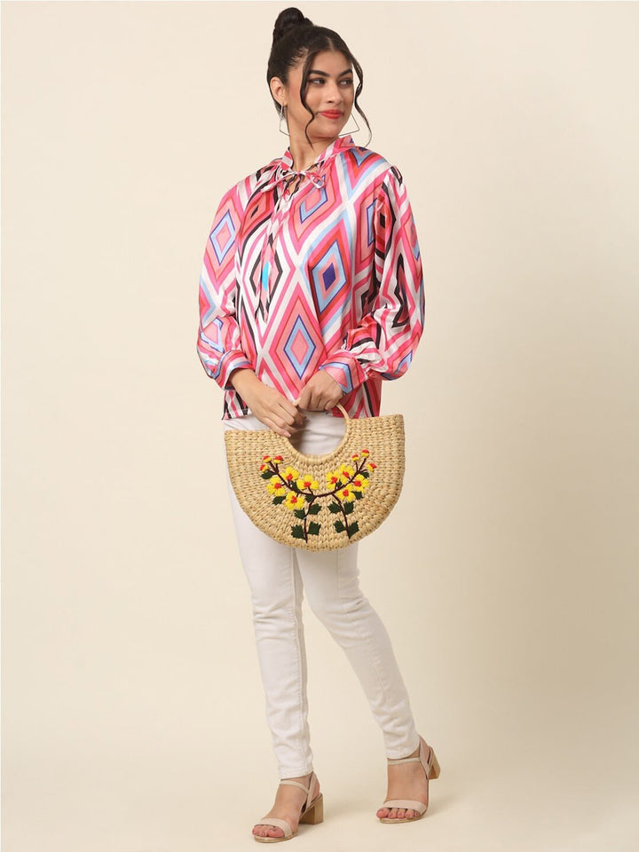 plusS Pink Geometric Printed Tie-Up Neck Cuffed Sleeves Top