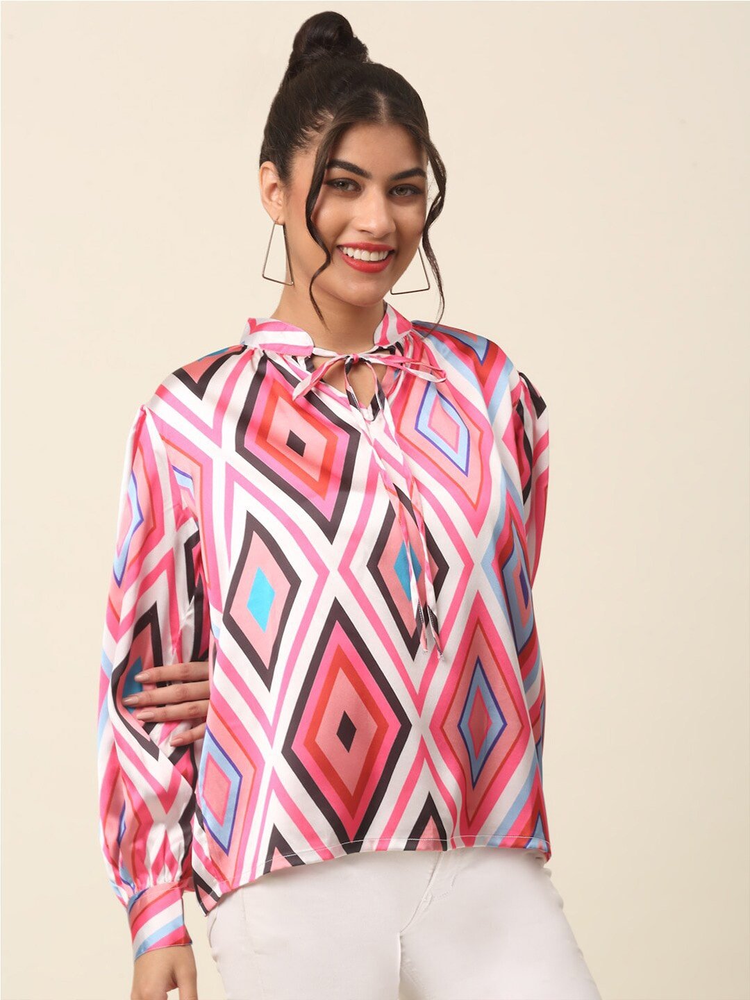 plusS Pink Geometric Printed Tie-Up Neck Cuffed Sleeves Top