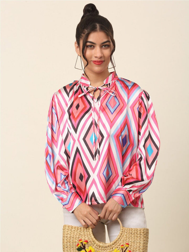 plusS Pink Geometric Printed Tie-Up Neck Cuffed Sleeves Top