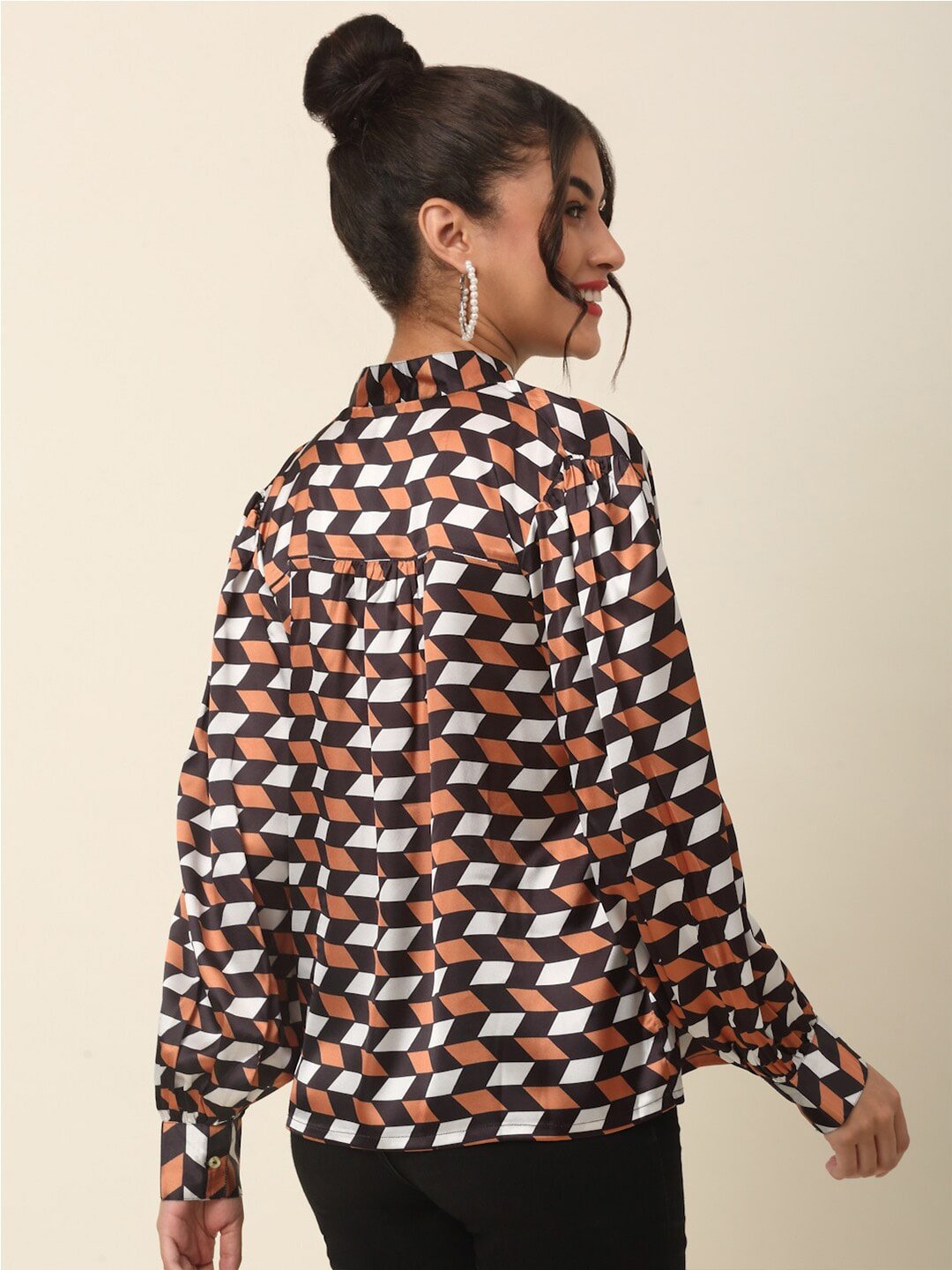 plusS Brown  Black Geometric Print Tie-Up Neck Shirt Style Top