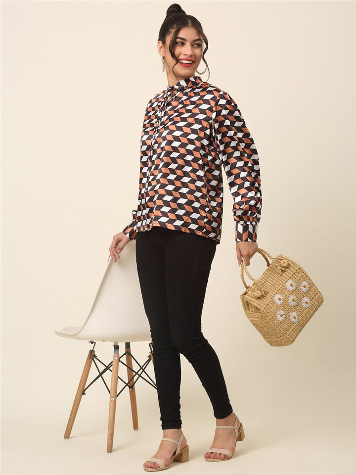 plusS Brown  Black Geometric Print Tie-Up Neck Shirt Style Top