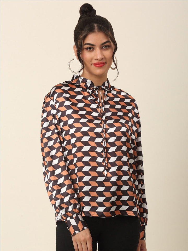 plusS Brown  Black Geometric Print Tie-Up Neck Shirt Style Top