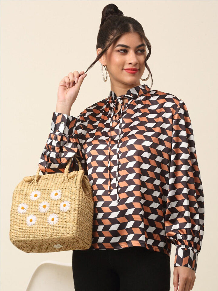 plusS Brown  Black Geometric Print Tie-Up Neck Shirt Style Top