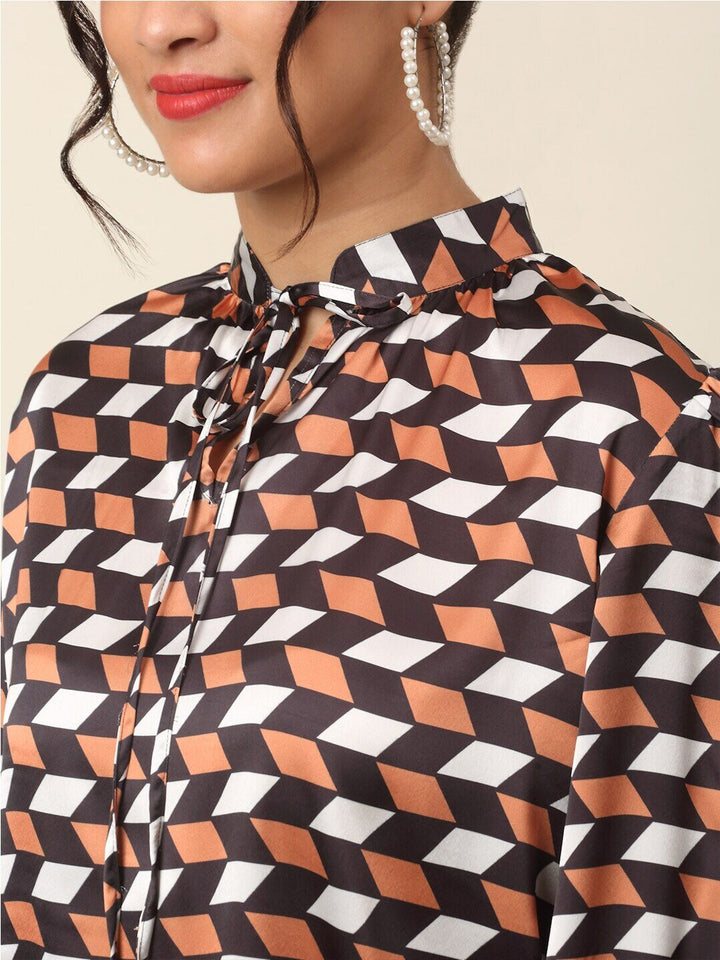 plusS Brown  Black Geometric Print Tie-Up Neck Shirt Style Top