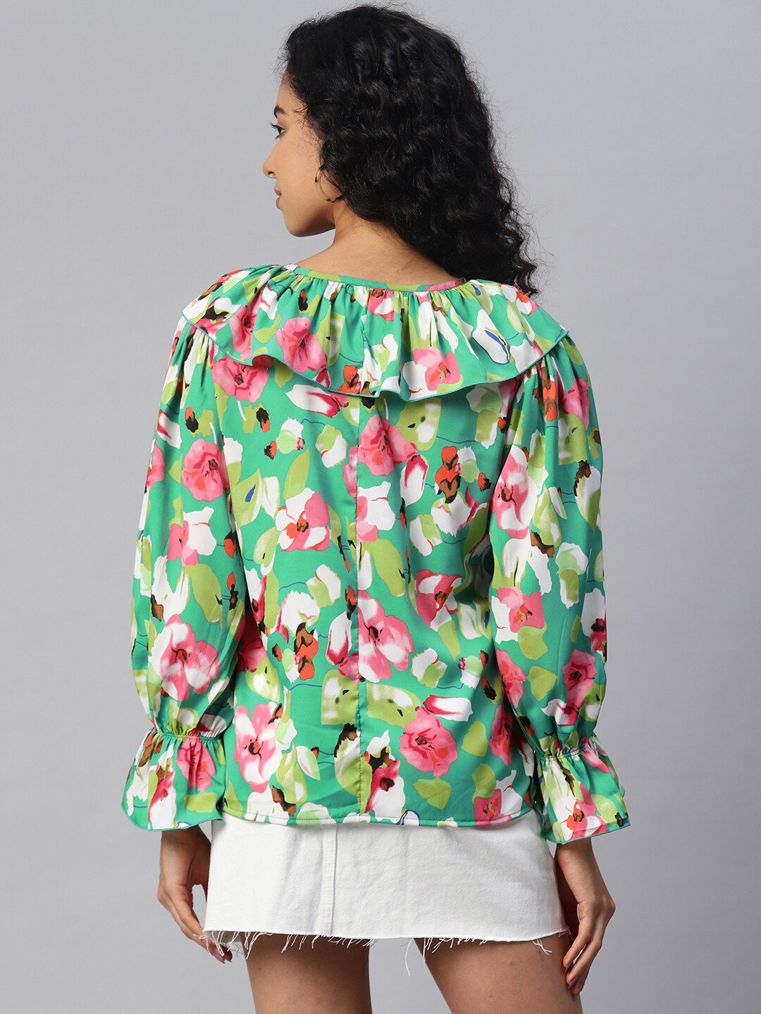 plusS Floral Print Bell Sleeves Ruffles Top