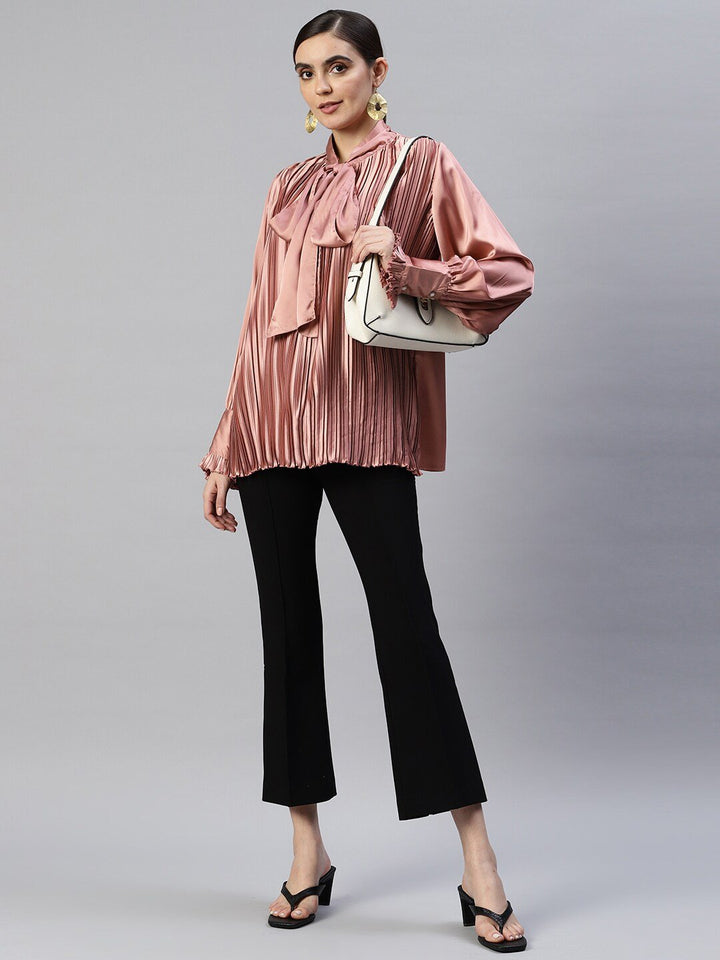 plusS Tie-Up Neck Accordion Pleats Top