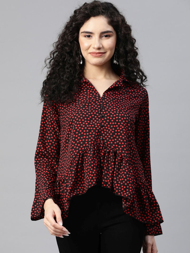 plusS Polka Dot Print Bell Sleeve Ruffles Shirt Style Top