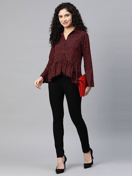 plusS Polka Dot Print Bell Sleeve Ruffles Shirt Style Top