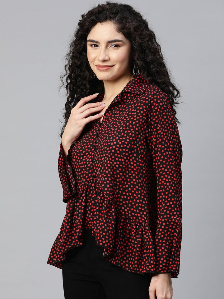 plusS Polka Dot Print Bell Sleeve Ruffles Shirt Style Top