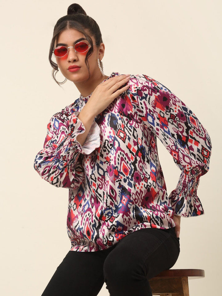 plusS Pink Abstract Printed High Neck Puff Sleeves A-Line Top