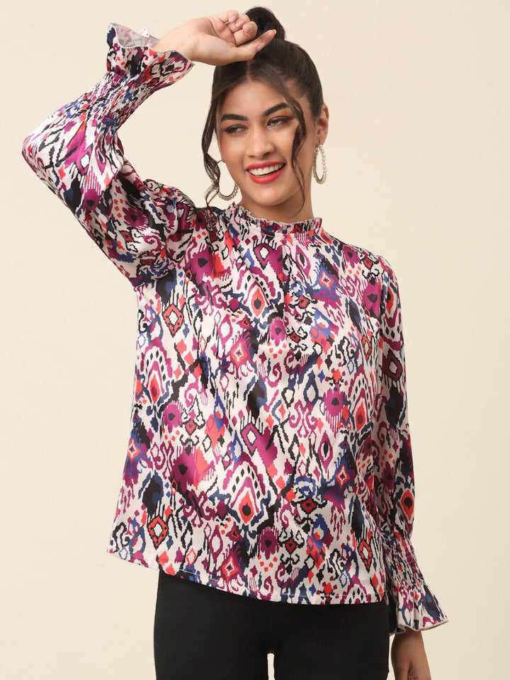 plusS Pink Abstract Printed High Neck Puff Sleeves A-Line Top