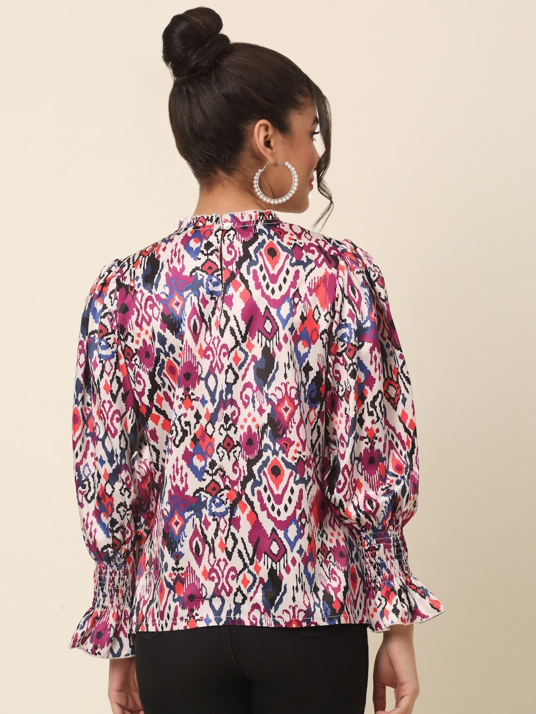 plusS Pink Abstract Printed High Neck Puff Sleeves A-Line Top