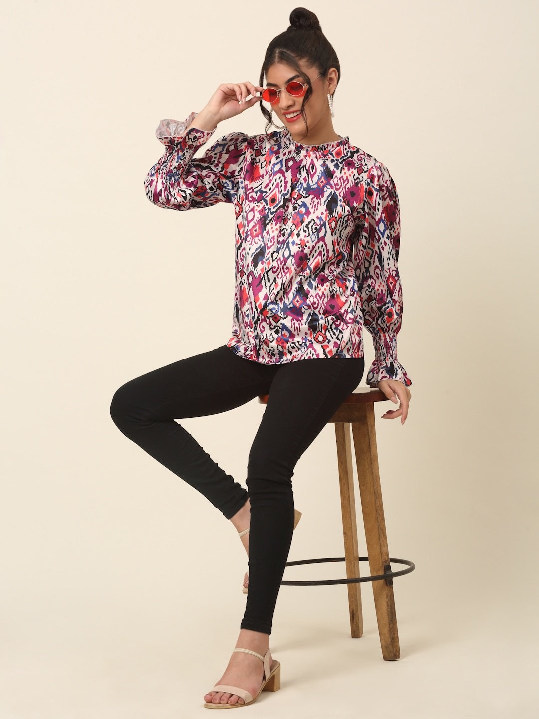 plusS Pink Abstract Printed High Neck Puff Sleeves A-Line Top