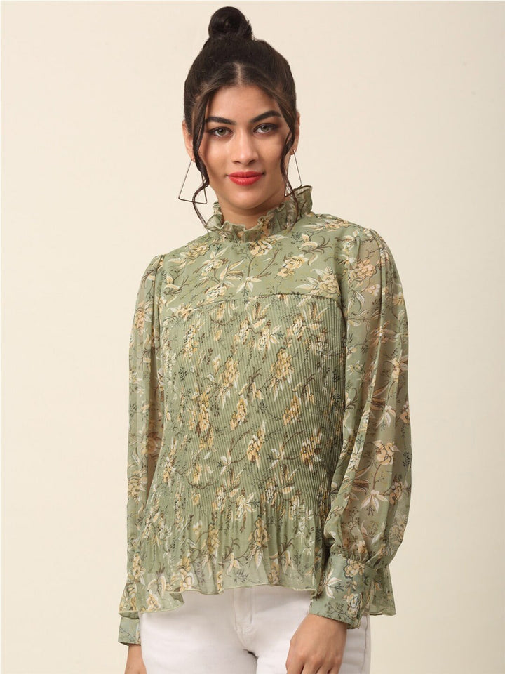 plusS Olive Green Floral Printed High Neck Cuffed Sleeves A-Line Top