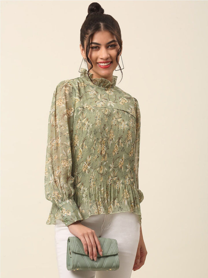 plusS Olive Green Floral Printed High Neck Cuffed Sleeves A-Line Top