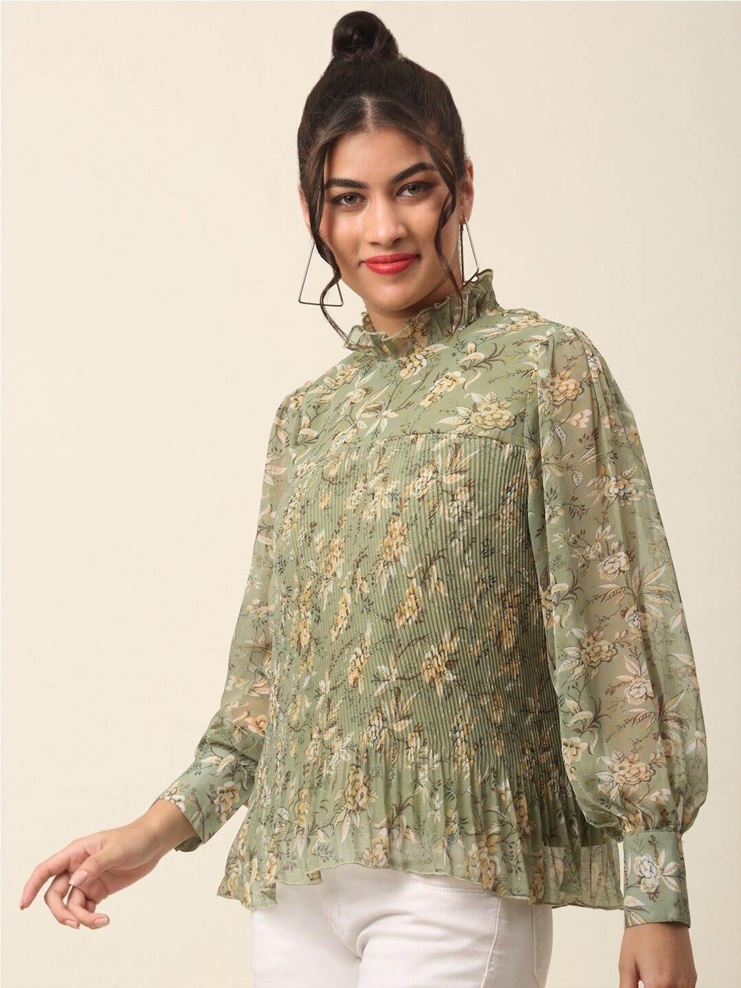 plusS Olive Green Floral Printed High Neck Cuffed Sleeves A-Line Top