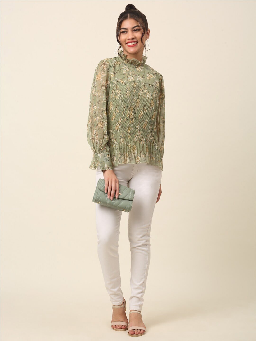 plusS Olive Green Floral Printed High Neck Cuffed Sleeves A-Line Top