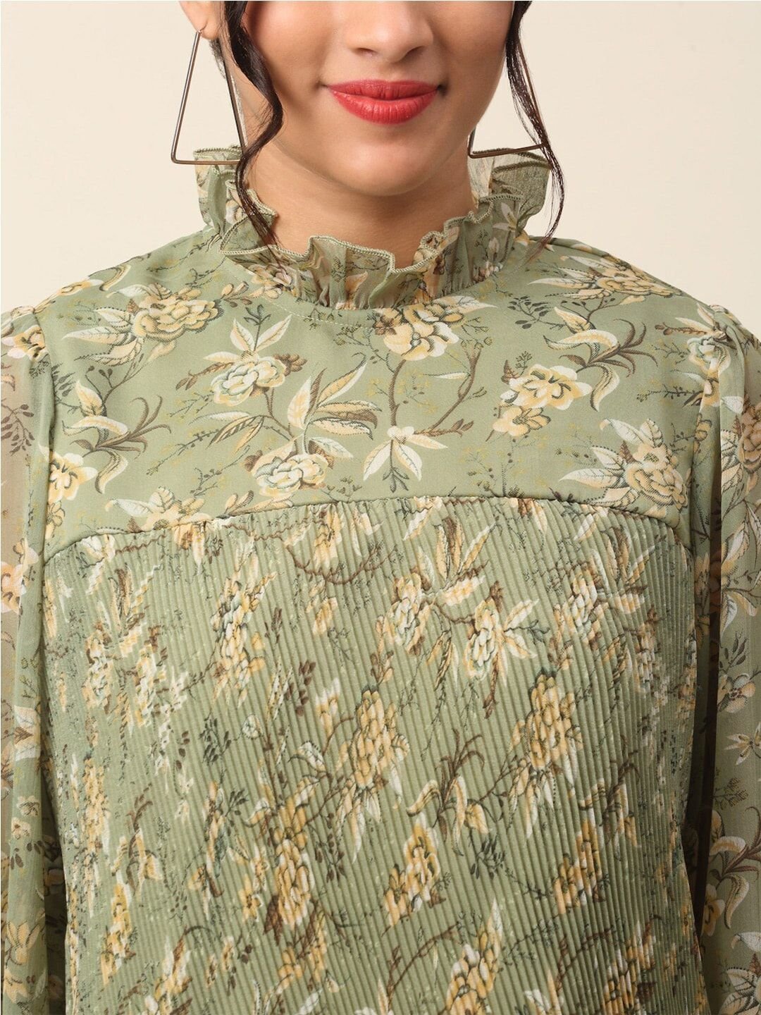 plusS Olive Green Floral Printed High Neck Cuffed Sleeves A-Line Top