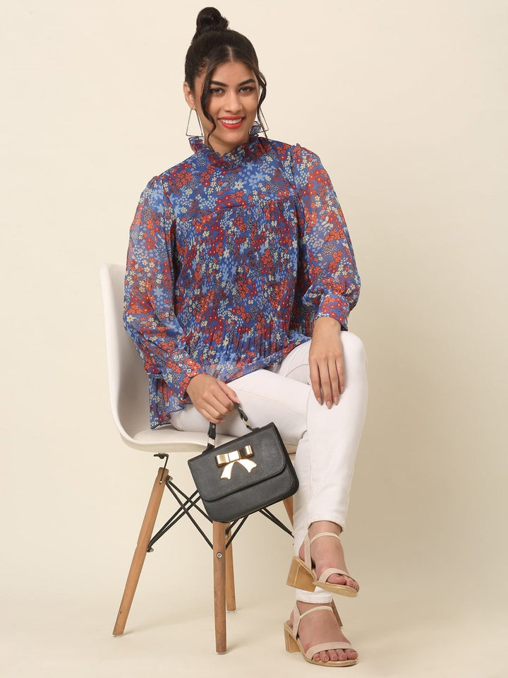 plusS Blue Floral Printed High Neck Cuffed Sleeves A-Line Top