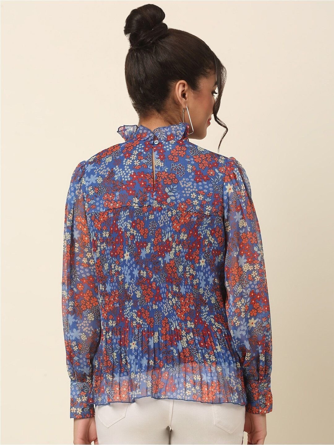 plusS Blue Floral Printed High Neck Cuffed Sleeves A-Line Top