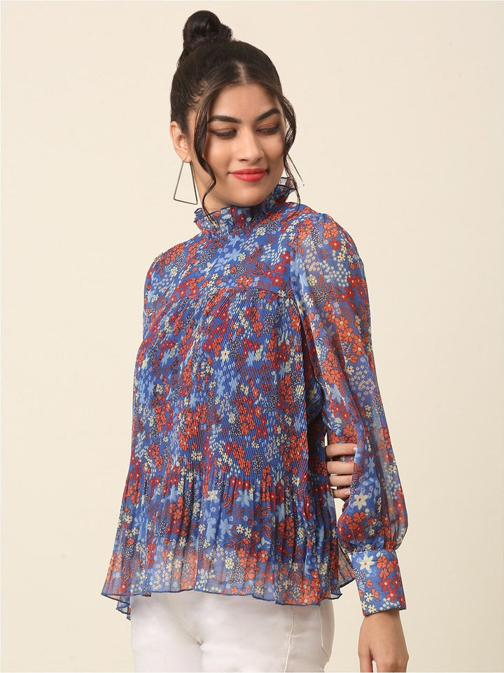 plusS Blue Floral Printed High Neck Cuffed Sleeves A-Line Top