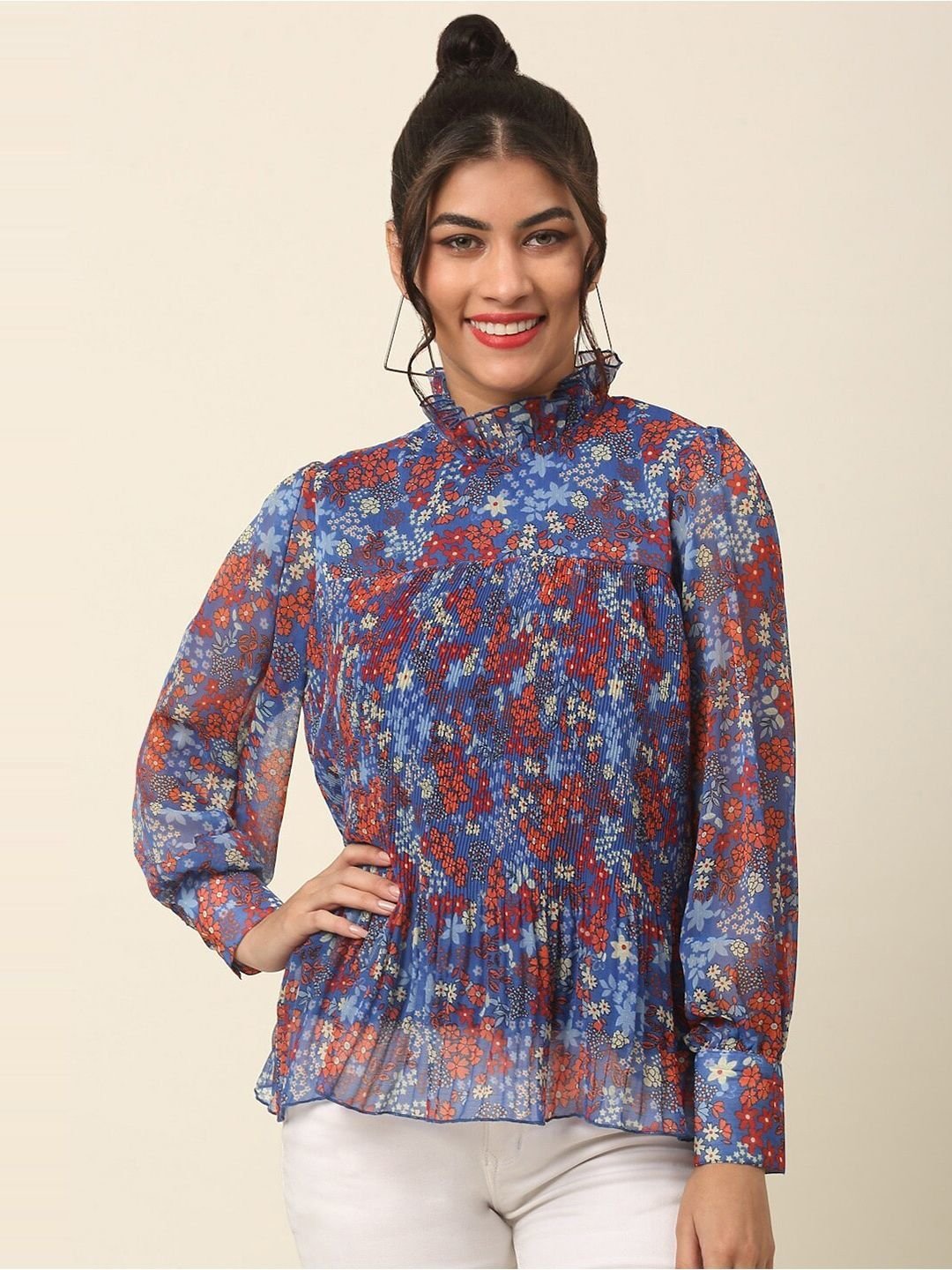 plusS Blue Floral Printed High Neck Cuffed Sleeves A-Line Top