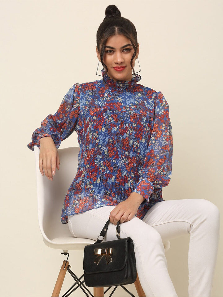 plusS Blue Floral Printed High Neck Cuffed Sleeves A-Line Top