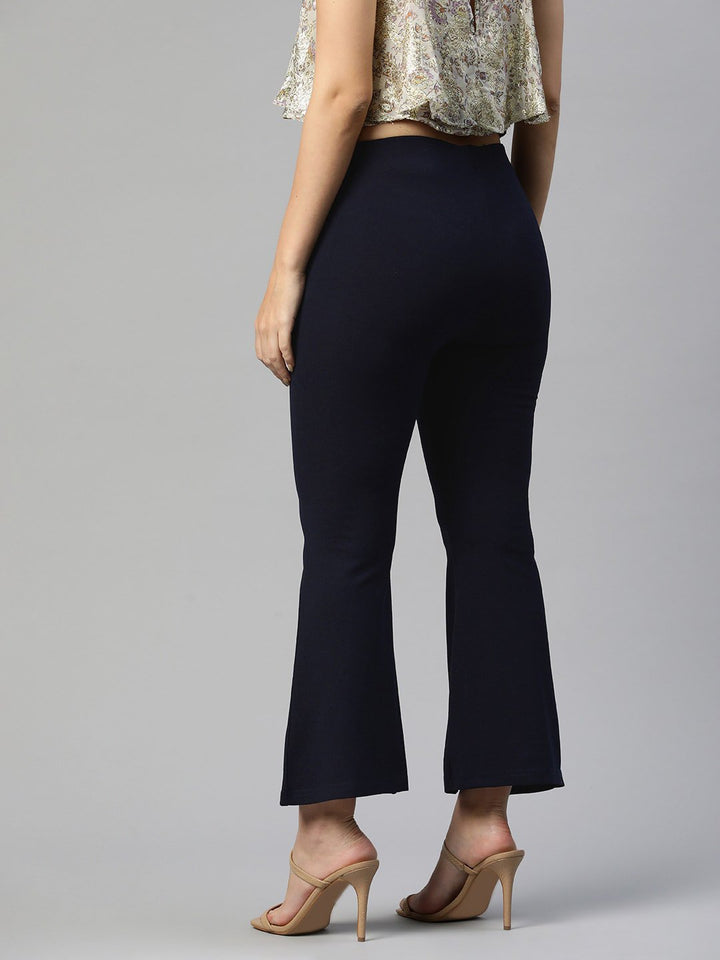 plusS Women Navy Blue Flared High-Rise Trousers