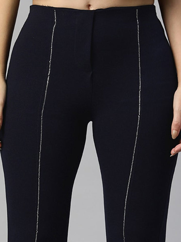 plusS Women Navy Blue Flared High-Rise Trousers