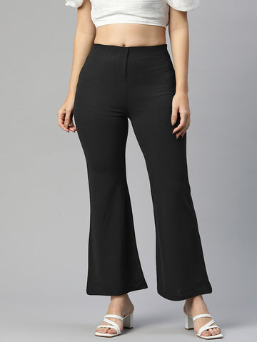 plusS Women Black Flared High-Rise Trousers