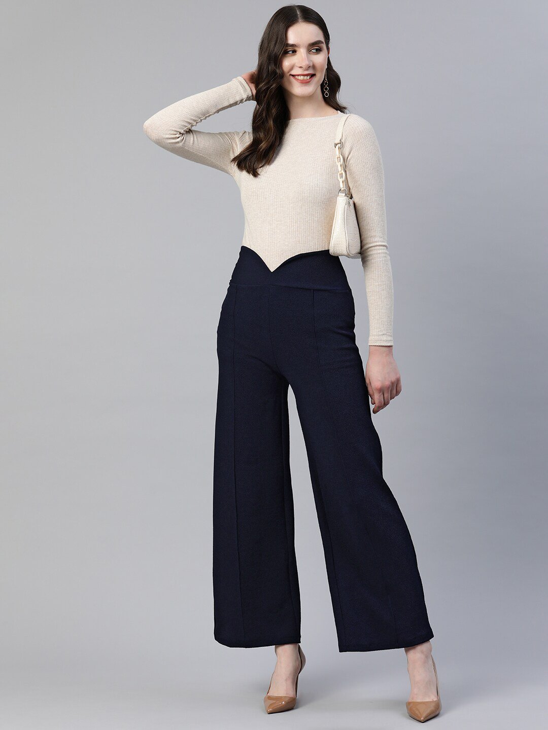 Navy blue low waisted pleated cuffed Cigarette Pants | Sumissura