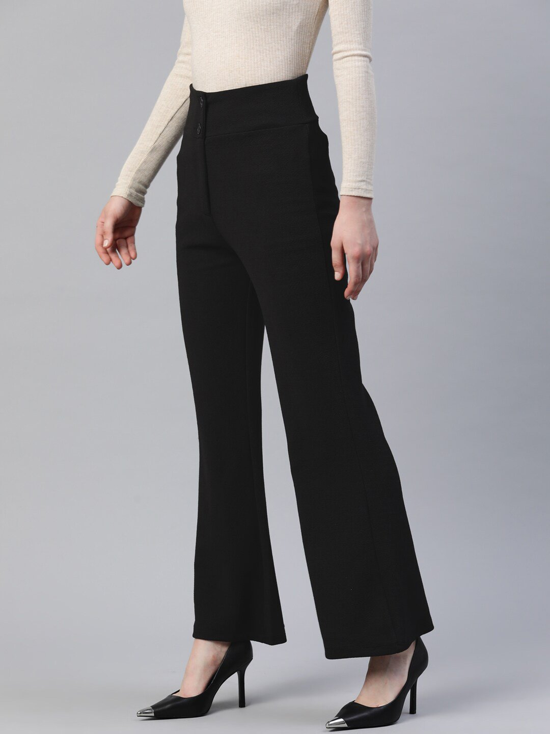 FASHIONGLOBE Flared Women Black Trousers - Buy FASHIONGLOBE Flared Women  Black Trousers Online at Best Prices in India | Flipkart.com