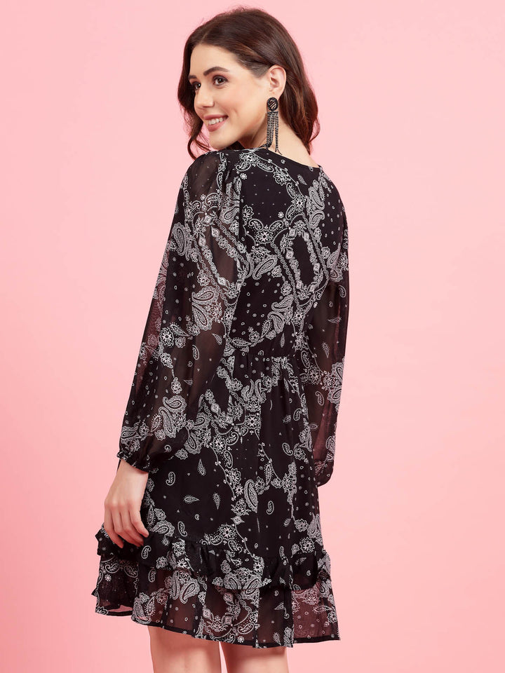 Black Paisley Printed Puff Sleeves Gathered A-Line Dress