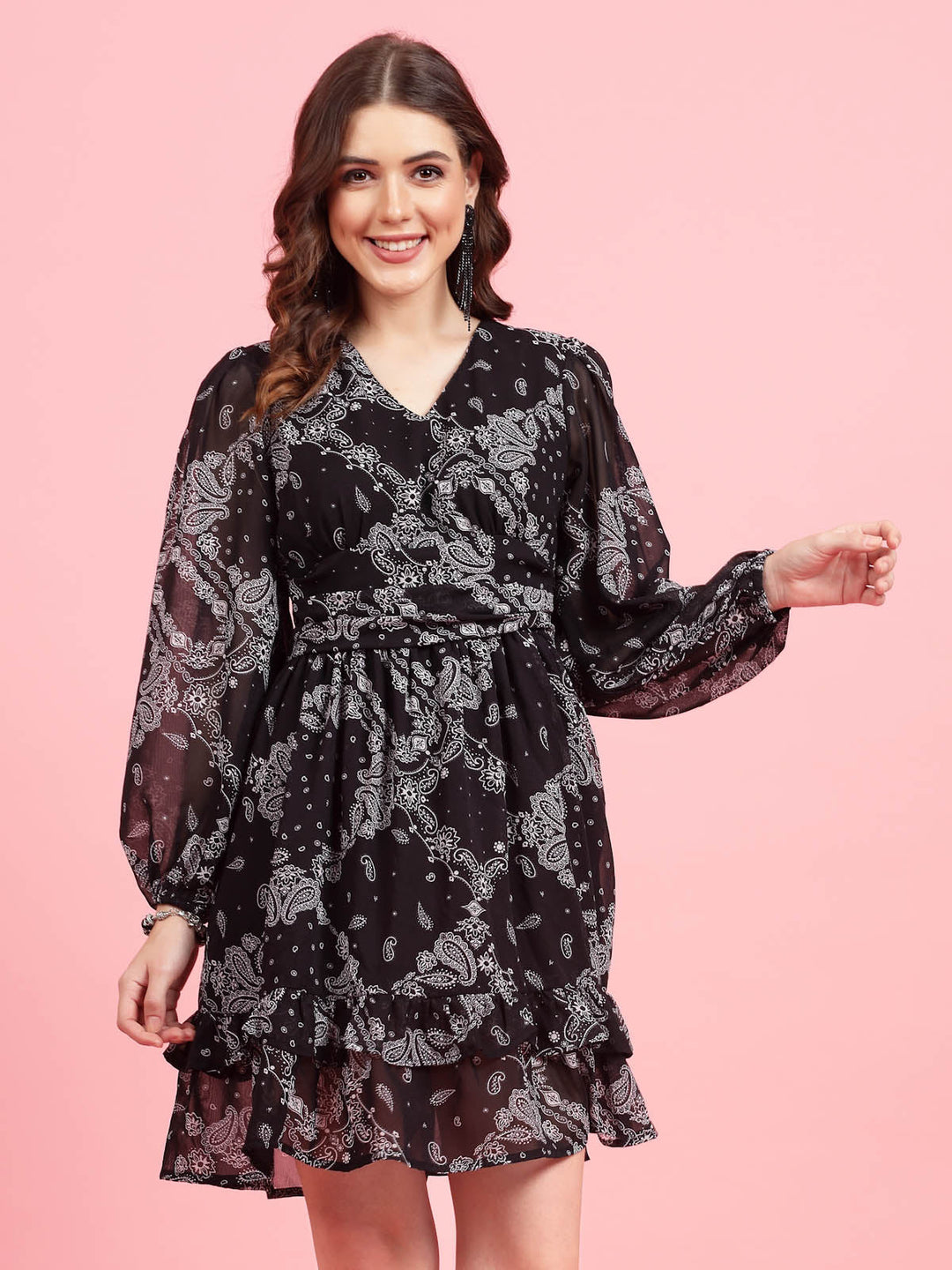 Black Paisley Printed Puff Sleeves Gathered A-Line Dress