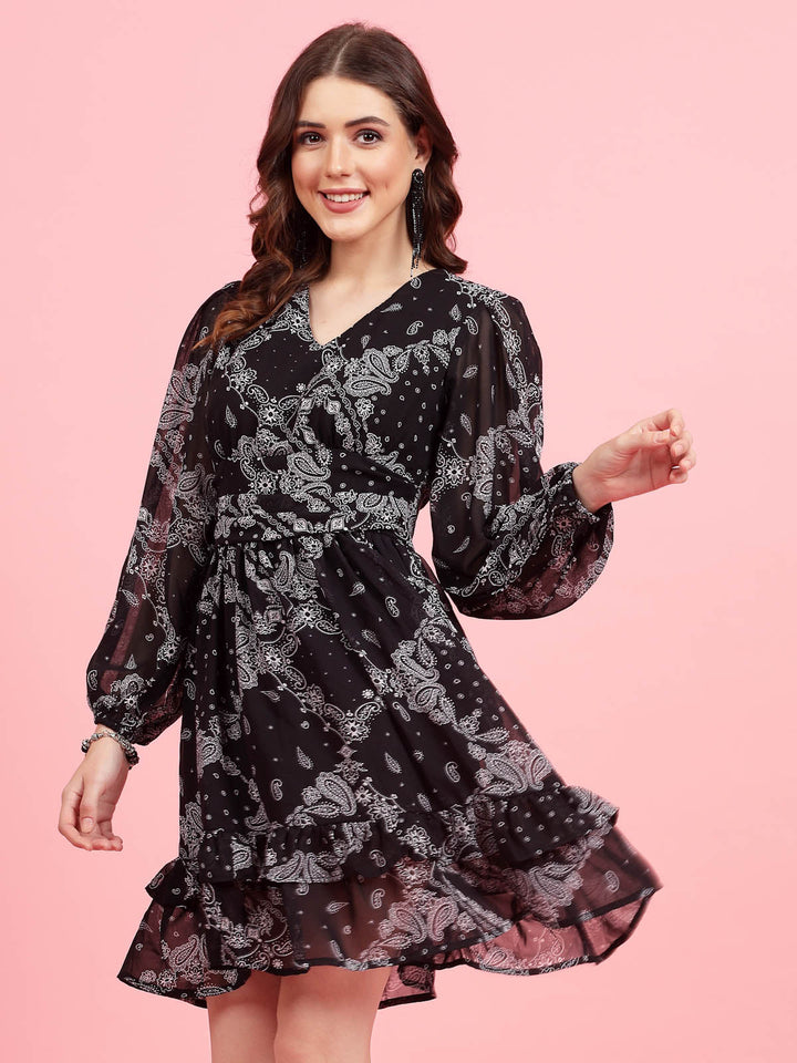 Black Paisley Printed Puff Sleeves Gathered A-Line Dress