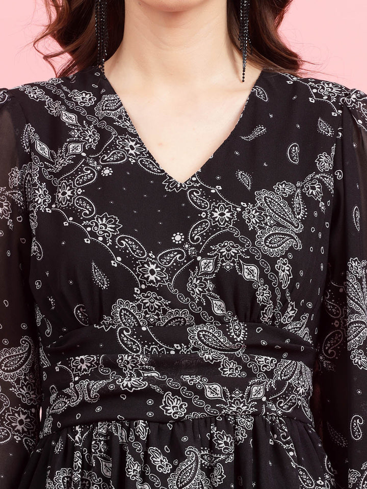 Black Paisley Printed Puff Sleeves Gathered A-Line Dress