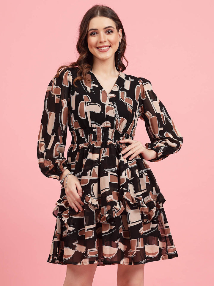 Black Geometric Printed V-Neck Smocked Fit & Flare Dress