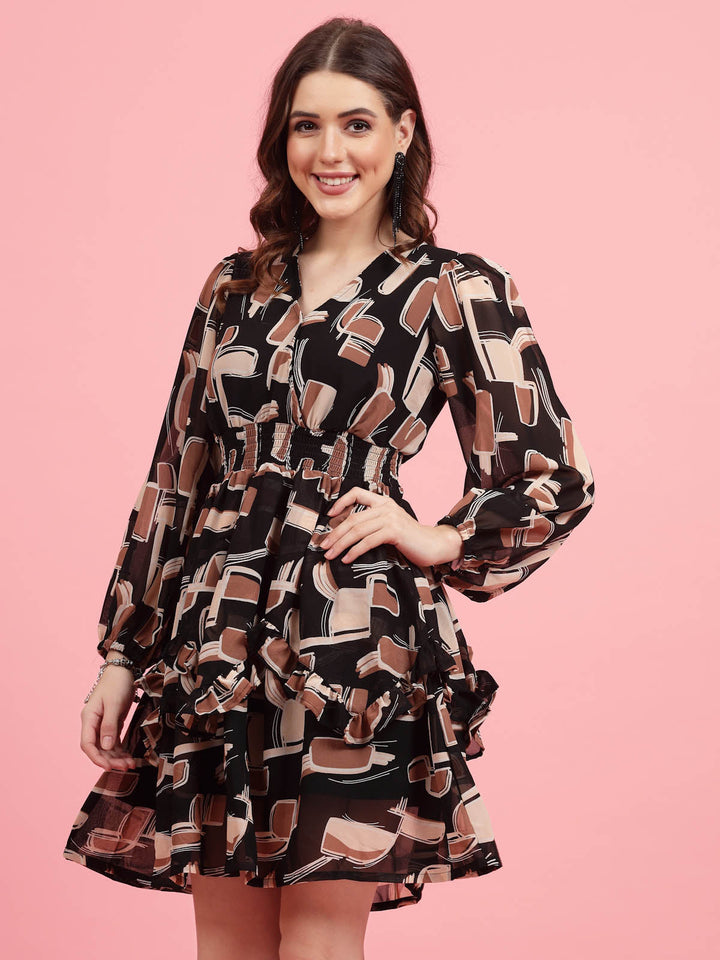 Black Geometric Printed V-Neck Smocked Fit & Flare Dress