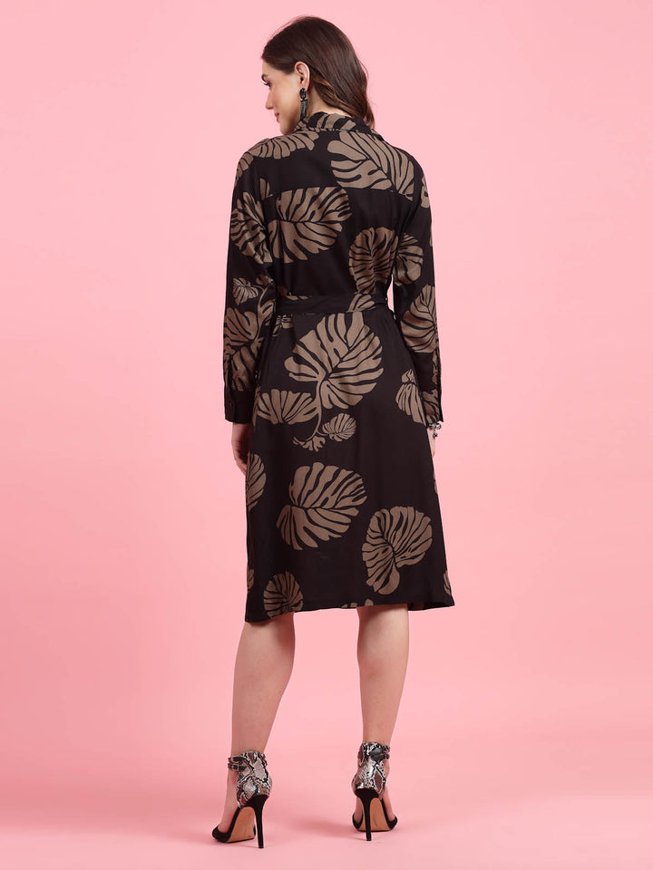 Tropical Printed Shirt Collar Cuffed Sleeves Shirt Dress