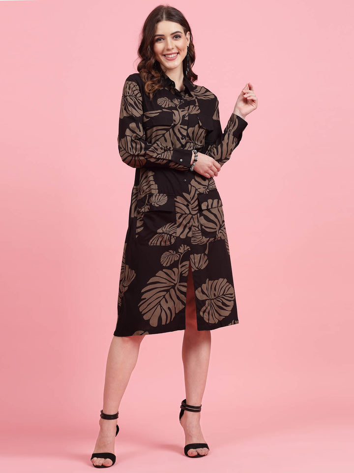 Tropical Printed Shirt Collar Cuffed Sleeves Shirt Dress