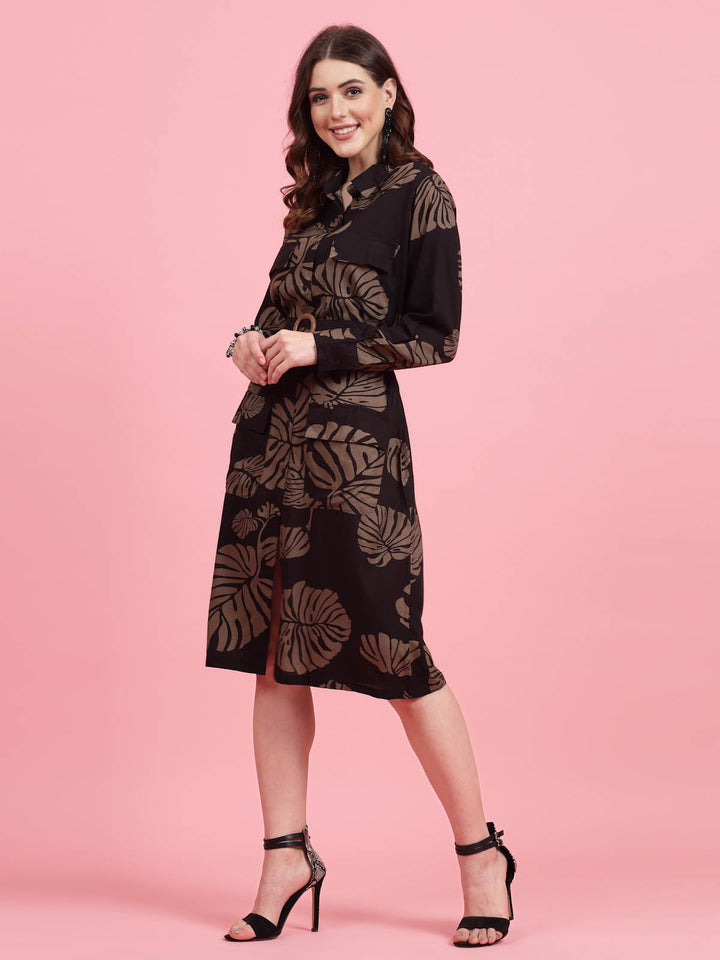 Tropical Printed Shirt Collar Cuffed Sleeves Shirt Dress