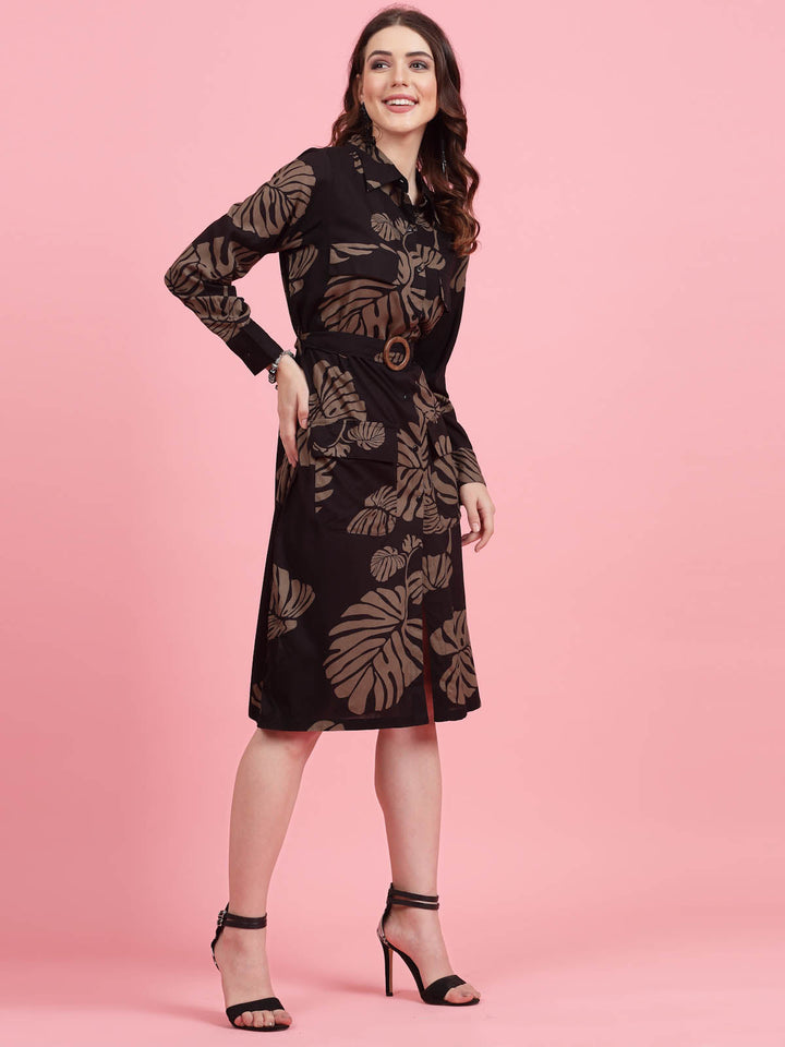 Tropical Printed Shirt Collar Cuffed Sleeves Shirt Dress