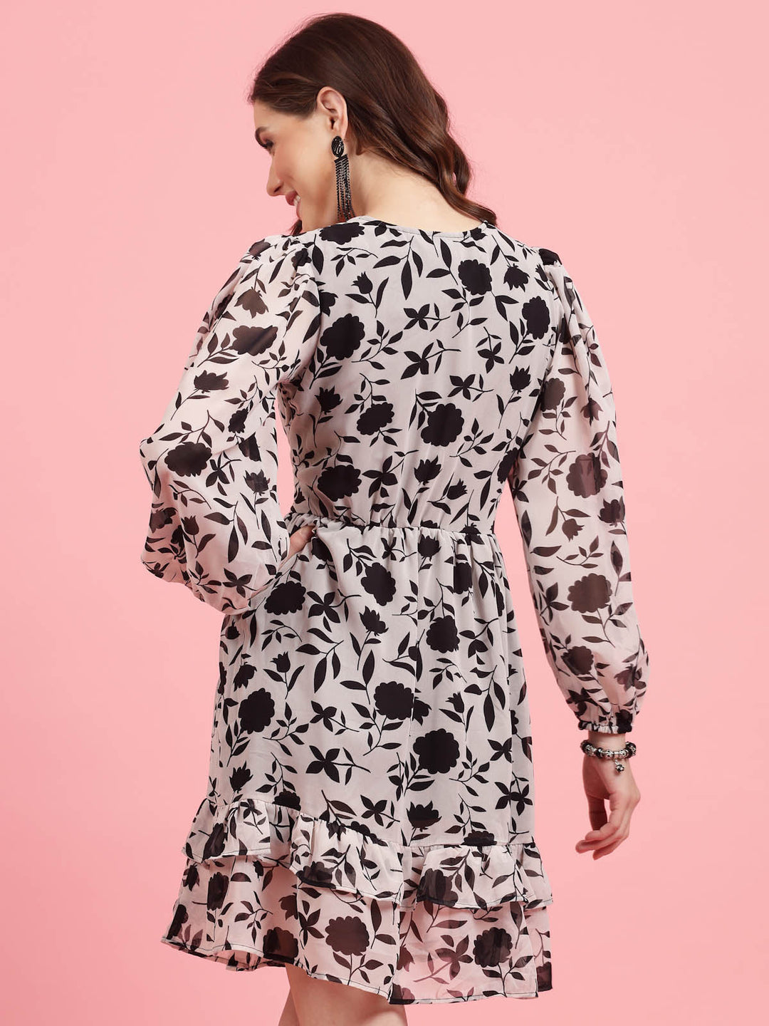 White Floral Printed Puff Sleeves Gathered A-Line Dress