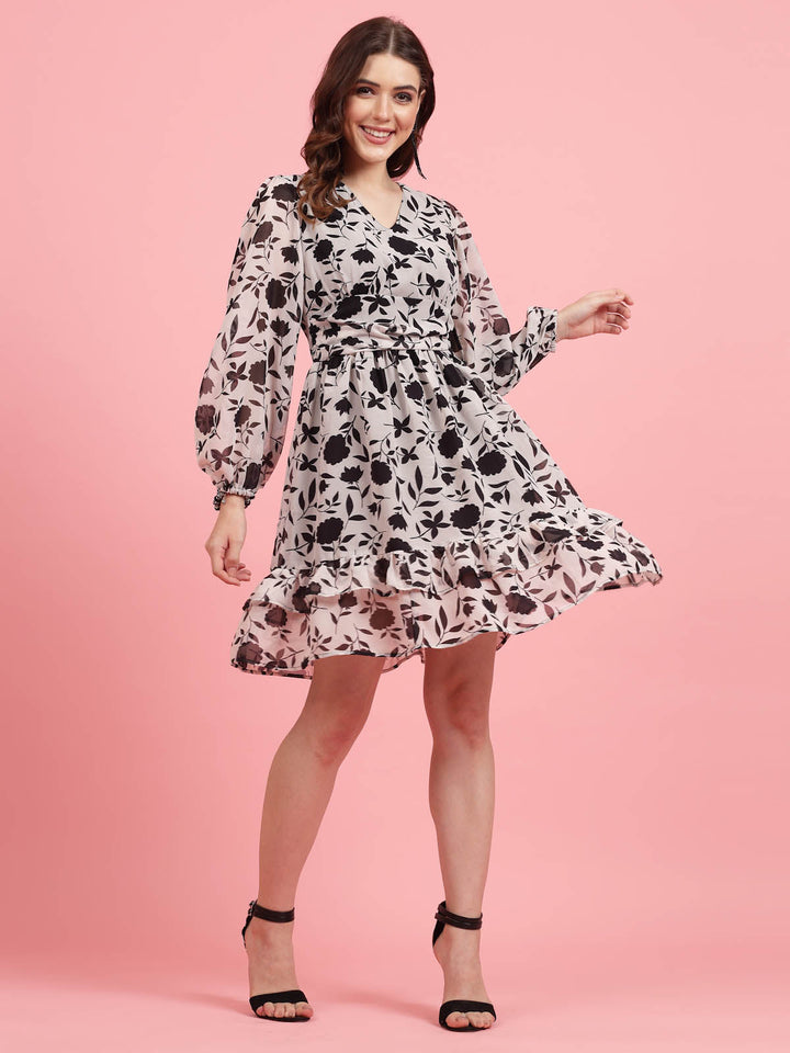 White Floral Printed Puff Sleeves Gathered A-Line Dress