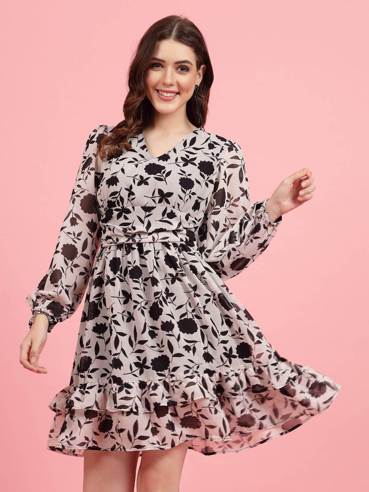 White Floral Printed Puff Sleeves Gathered A-Line Dress